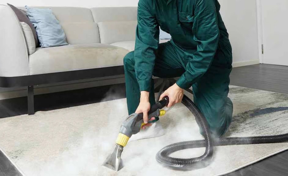 Teppich wird professionell mit Dampf gereinigt