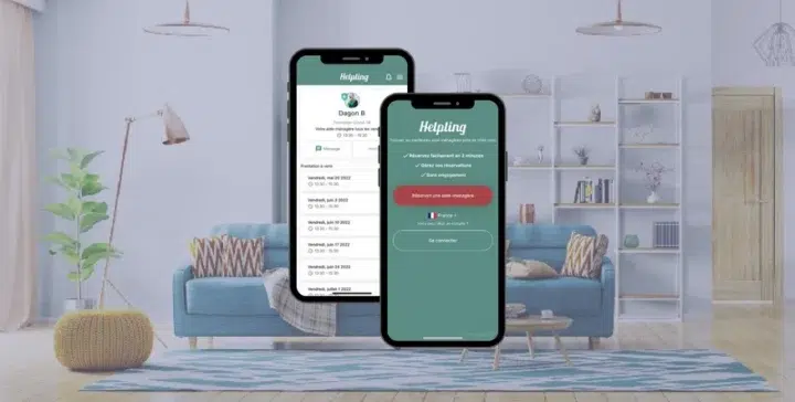 Zwei Smartphones Mit HelplingApp Vor Einem Wohnzimmer, Reinigungskraft Buchen.