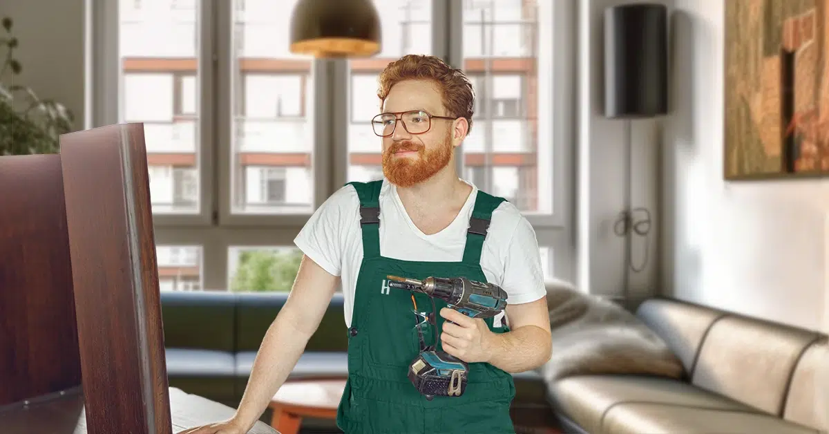 Handwerker mit Akkuschrauber bei der Möbelmontage