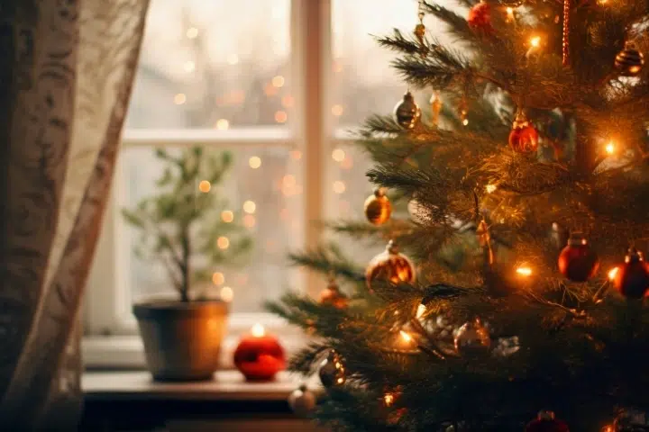 Geschmueckter Weihnachtsbaum Vor Fenster