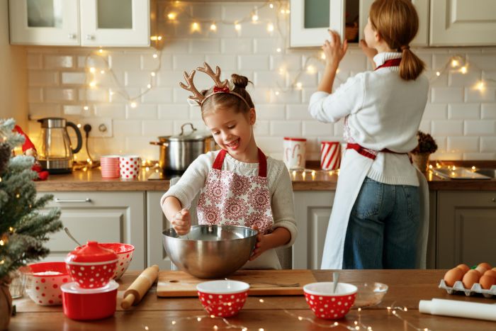 Happy Funny Mother Child Daughter Bake Christmas Cookies