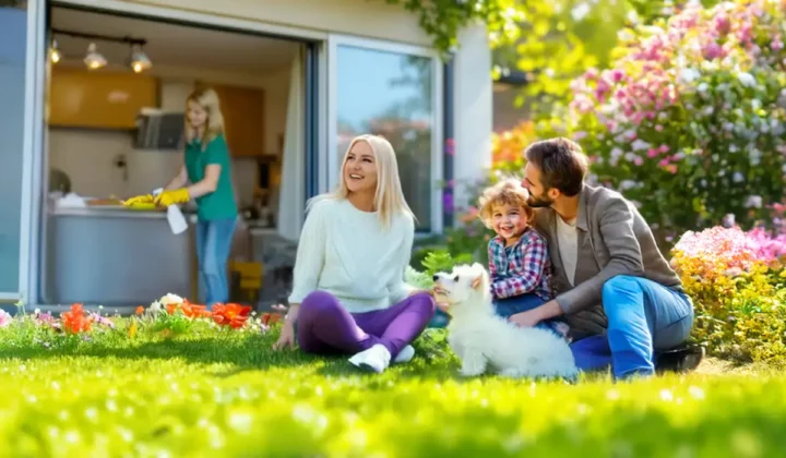 Spring Cleaning Happy Family With Dog In Garden