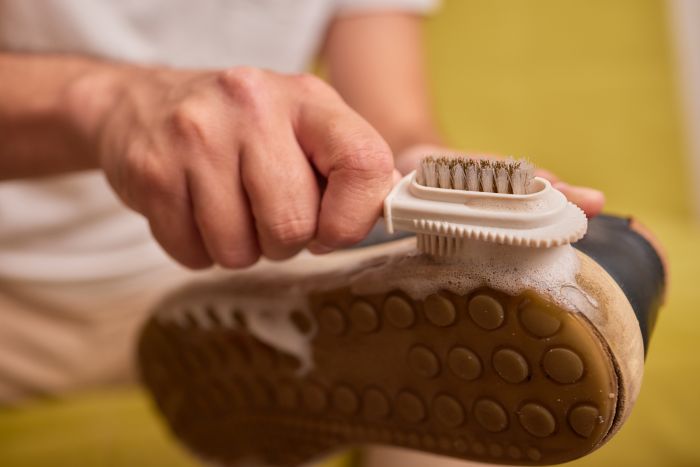 Cleaning Suede Sneakers Worker Shoe Workshop Cleans Pile Shoes