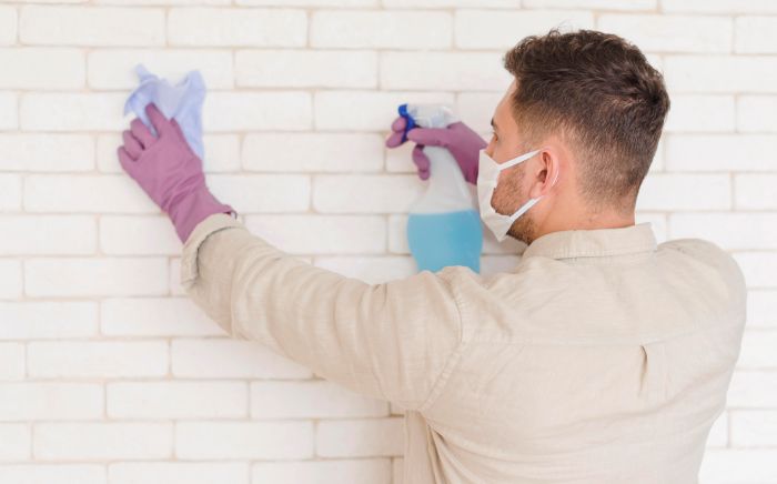 Medium Shot Man Disinfecting Wall