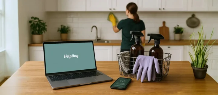 Im Hintergrund Reinigt Eine Frau Eine Weiße Küche. Im Vordergrund Sind Ein Laptop Mit Helpling, Ein Smartphone Und Ein Korb Mit Sprühflaschen, Handschuhen Und Tüchern Ordentlich Auf Einem Holztisch Angeordnet.