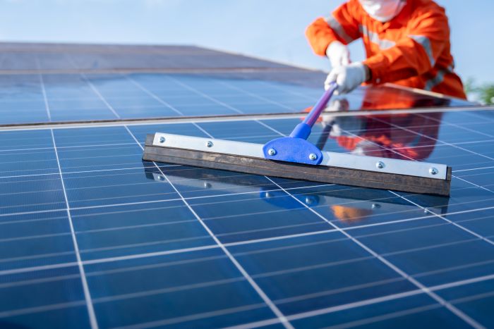 Close Up Mop Loperation Team Use Mop Working Cleaning Solar Plant Good Performance Service Operation Plan Solar Panels Cleaning Concept