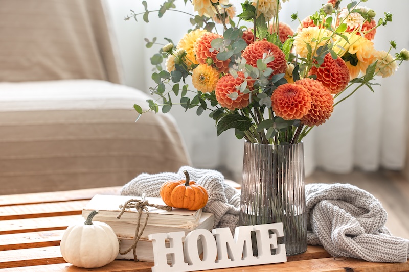Cozy Autumn Composition With Bouquet Chrysanthemums Vase Decorative Word Home Pumpkins Knitted Element Blurred Background Copy Space