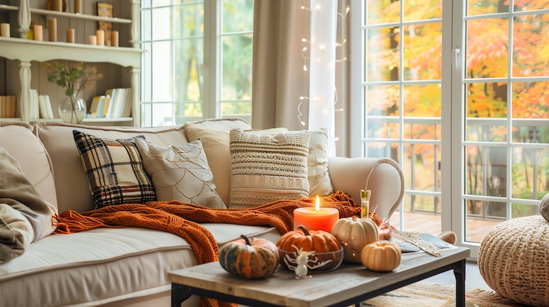 Cozy Living Room With Autumn Decor Including Pumpkins Lit Candle Blanket Couch