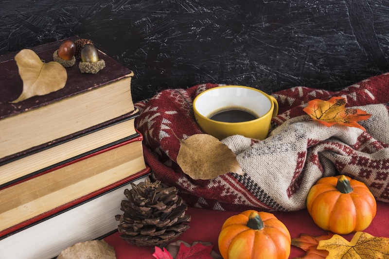 Stack Books Near Drink Autumn Symbols