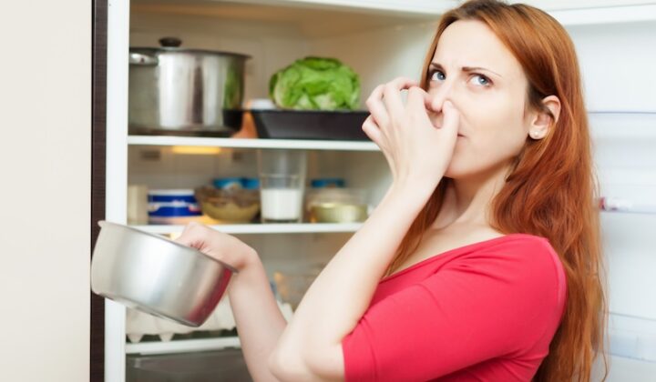 A woman holds a bowl while standing in front of an open refrigerator, examining its contents.