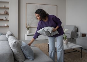 woman arranging pillows in her living room