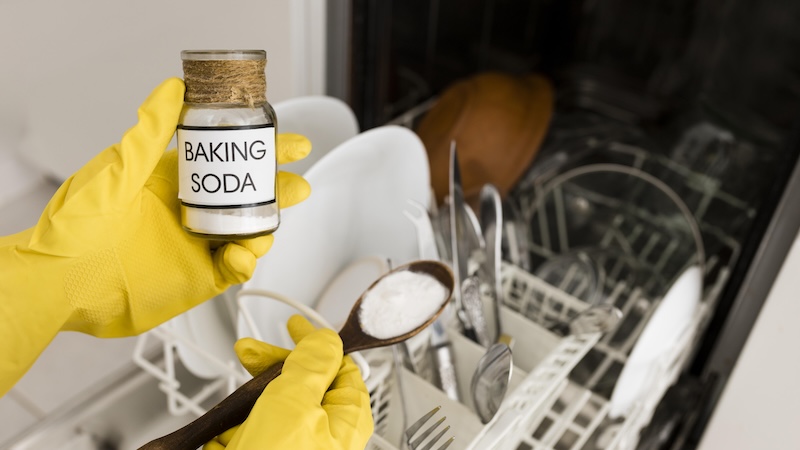 Person Wearing Gloves Using Baking Soda Dish Washer