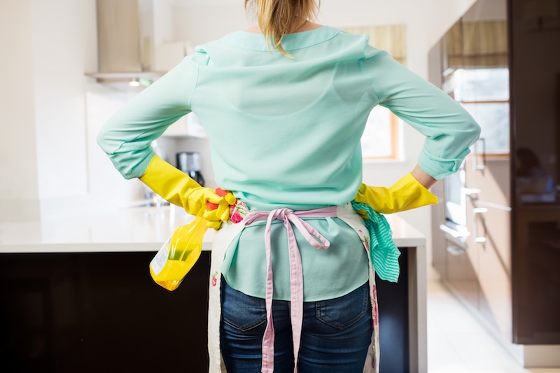 Woman Standing With Spray Bottle Napkin Kitchen