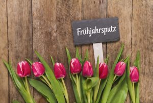Red tulips with green leaves line a rustic wooden background. A small chalkboard sign reads "Frühjahrsputz," conveying a fresh, spring cleaning theme.