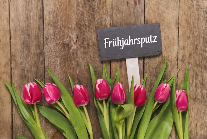 Red Tulips With Green Leaves Line A Rustic Wooden Background. A Small Chalkboard Sign Reads &Quot;Frühjahrsputz,&Quot; Conveying A Fresh, Spring Cleaning Theme.