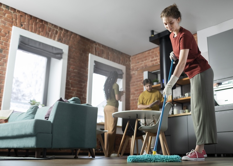 Full Shot People Cleaning Room Together