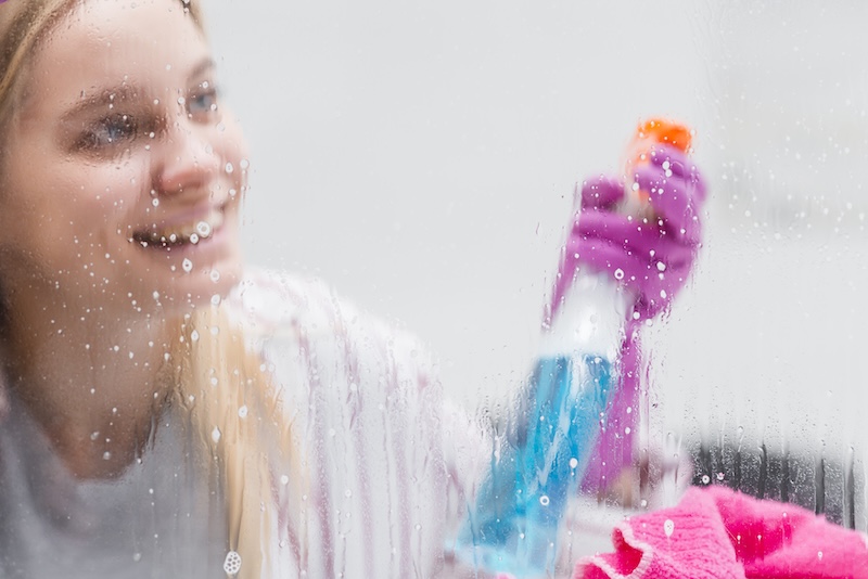 High Angle Woman Cleaning Windows