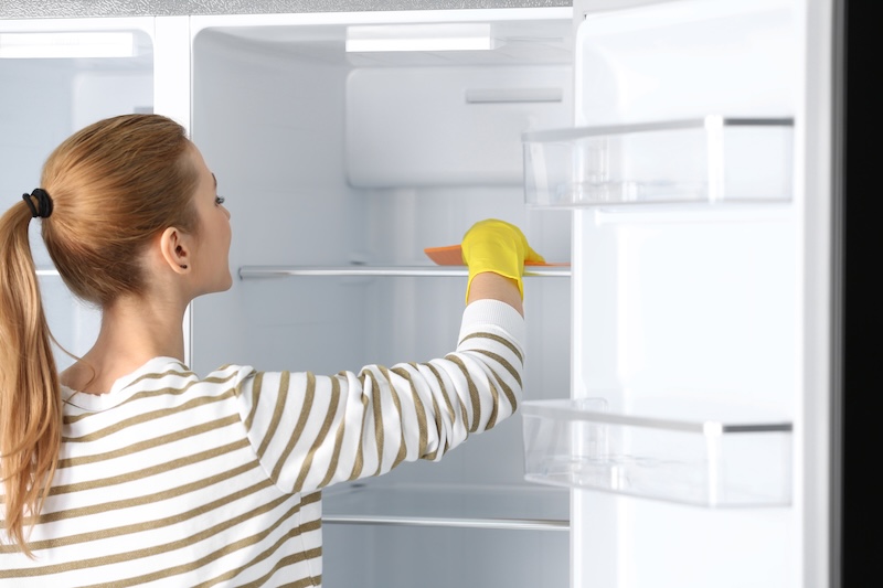 Woman Rubber Gloves Cleaning Empty Refrigerator With Rag Home