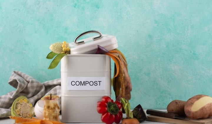 A white compost bin labeled "Compost" overflows with vegetable scraps, including corn, onions, and peppers, against a vibrant turquoise background.
