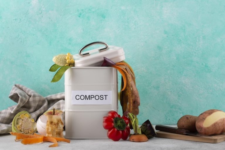A white compost bin labeled "Compost" overflows with vegetable scraps, including corn, onions, and peppers, against a vibrant turquoise background.