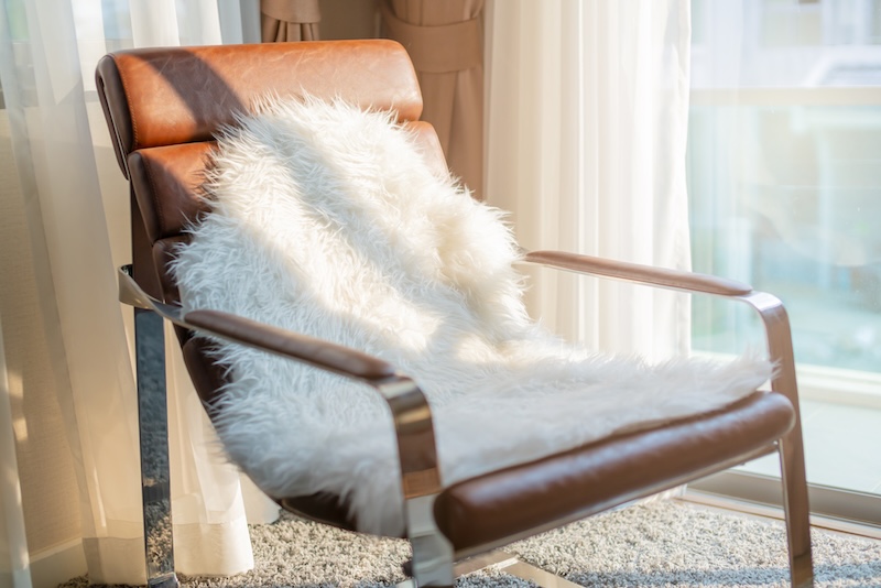 Beautiful Shape Armchair With White Transparent Curtain Background Evening Light From Sunlight