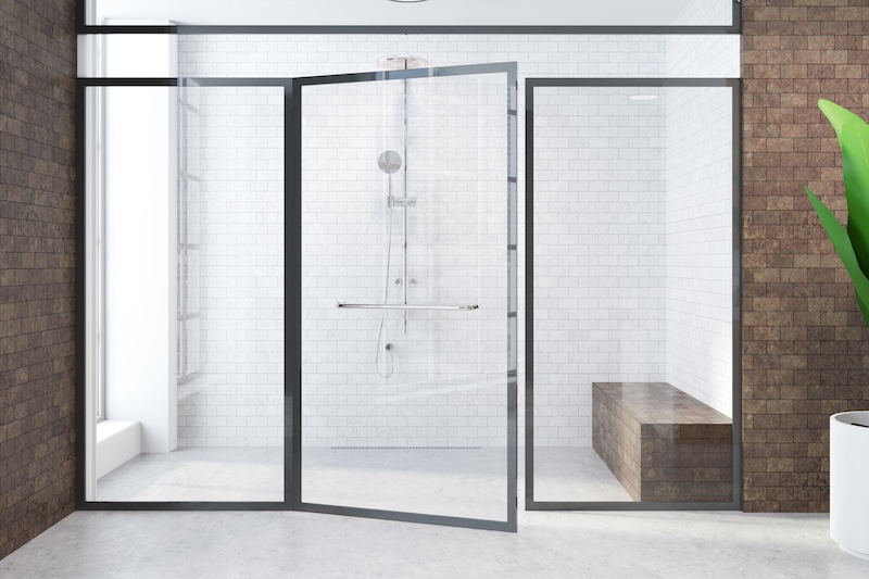 Brick Modern Bathroom Interior With Marble Floor White Glass Wall Shower Stall Potted Plant 3D Rendering Mock Up