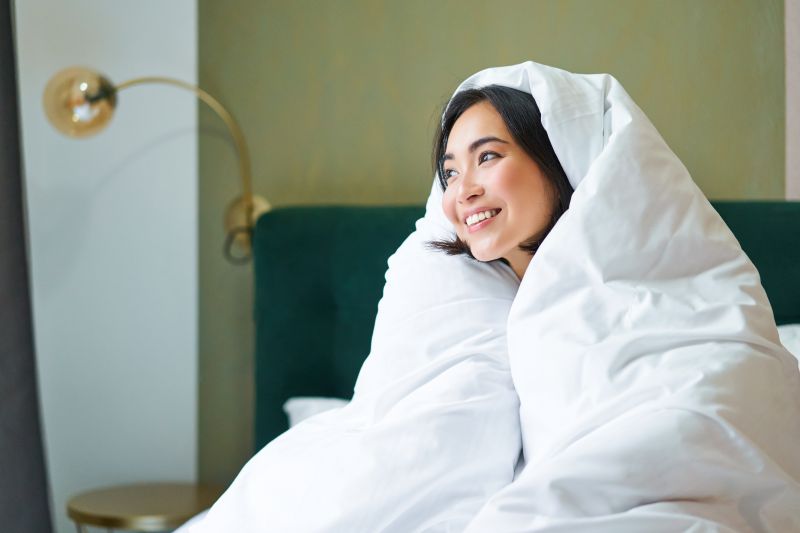 Cozy Mornings Happy Asian Girl Feels Warm Her Bed Covers Herself With Cozy Duvet Her Bedroom