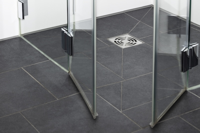 Floor Drain Metal Hole Draining Water Modern Shower Cabin Bathroom With Grey Ceramic Tiles
