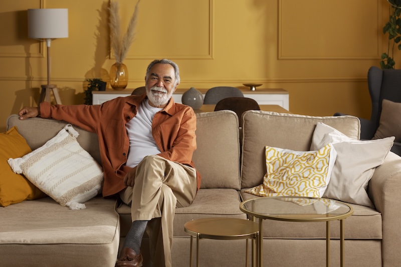 Front View Old Man Sitting Couch
