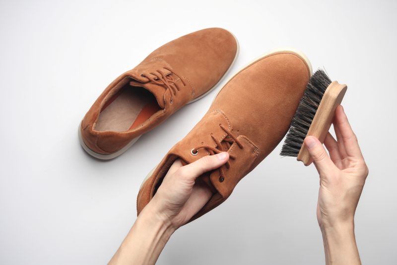 Hands Cleaning Suede Shoes With Brush White Background Top View Shoe Care