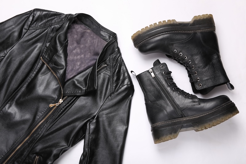 Leather Jacket Boots White Background Top View