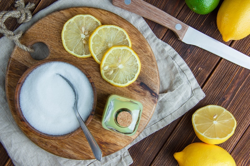 Lemons With Drink Cutting Board Salt Knife Flat Lay Wooden Kitchen Towel
