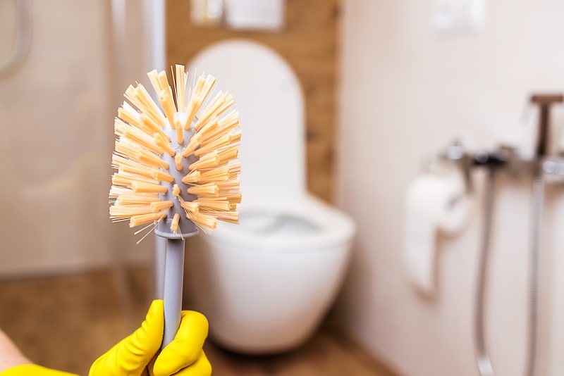 Toilet Brush Hand Yellow Glove Closeup Bathroom Toilet Background
