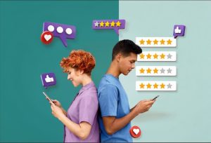 Two people stand back-to-back, smiling at their phones. Floating icons display likes, stars, and message bubbles, suggesting social media interaction.