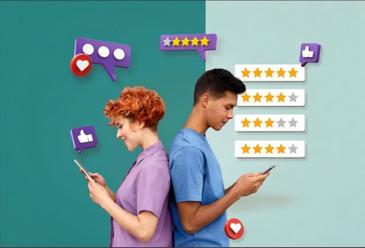 Two people stand back-to-back, smiling at their phones. Floating icons display likes, stars, and message bubbles, suggesting social media interaction.