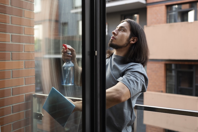 Side View Man Cleaning Window