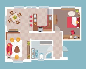 Illustrated floor plan showing a bedroom, living room, kitchen, and bathroom. The bedroom has a bed, the living room features a red sofa, and the kitchen includes a dining table.
