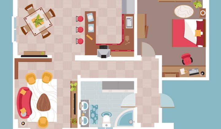 Illustrated floor plan showing a bedroom, living room, kitchen, and bathroom. The bedroom has a bed, the living room features a red sofa, and the kitchen includes a dining table.