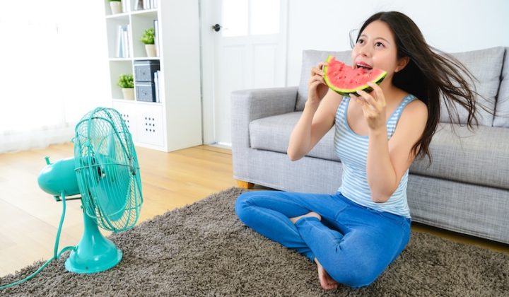 pretty-smiling-woman-eating-watermelon-feeling-happy-summer-season-sitting-floor-blowing-electric-fan-cool-fan-living-room