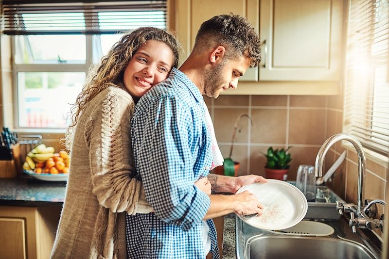 Kitchen Hug Man Washing Dishes With Woman Apartment Hygiene Germs Bonding Together Embrace Gratitude Happy Couple With Cleaning Chores Help Disinfect Housework Home