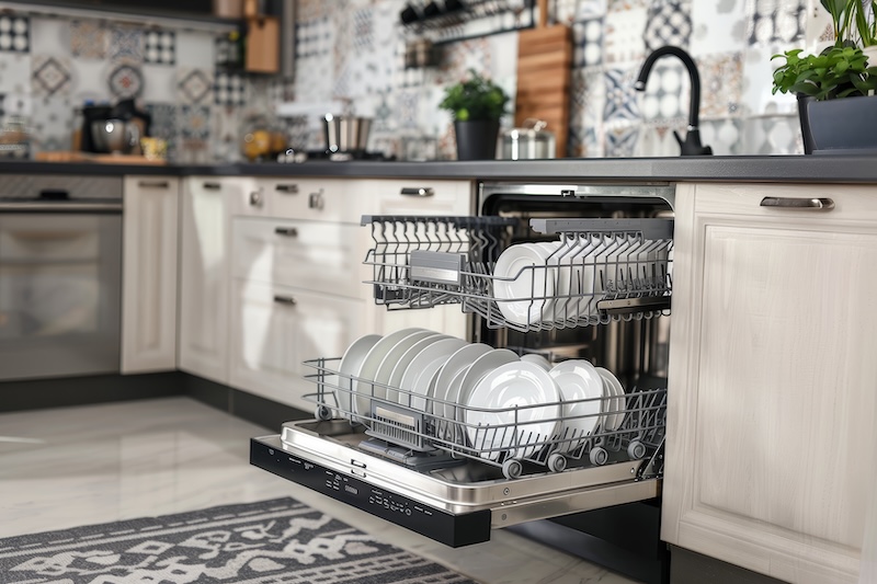 Modern Kitchen With White Dishes Prepared Be Washed Dishwasher Appliance