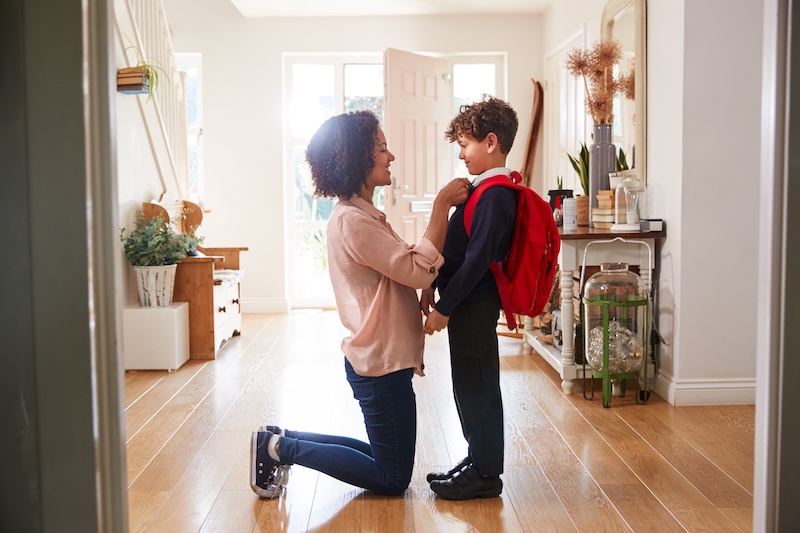 Single Mother Home Getting Son Wearing Uniform Ready First Day School 1