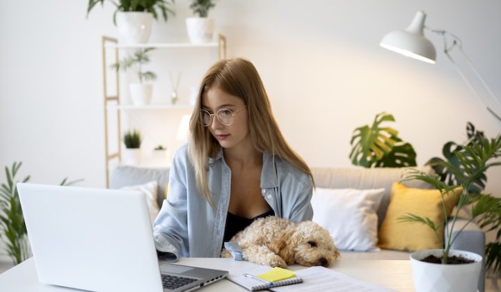 medium shot woman working with dog