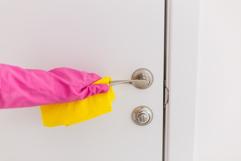 Woman Hand Protective Rubber Gloves Holding Microfiber Cleaning Door Handle Make Cleaning Disinfection Good Hygiene